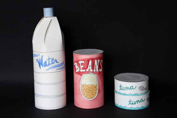 paper water bottle, can of beans, and cans of tuna
