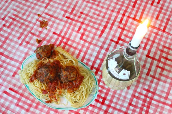 spaghetti & meatballs on a paper plate